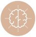 Icon of a brain in a circle with arrows pointing outward in all directions, on a beige background.