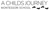 Logo for "A Childs Journey Montessori School" featuring four black footprints next to the text on a white background.